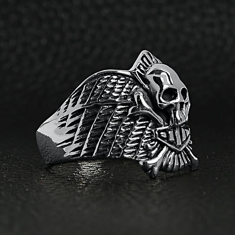 Sterling Silver Winged Skull And Crossbones Shield Ring / SSR0003