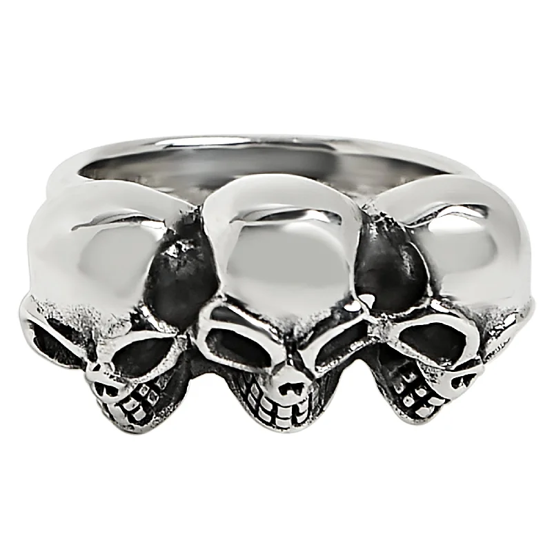 Sterling Silver Triple Black Eyed Skulls Ring / SSR0009