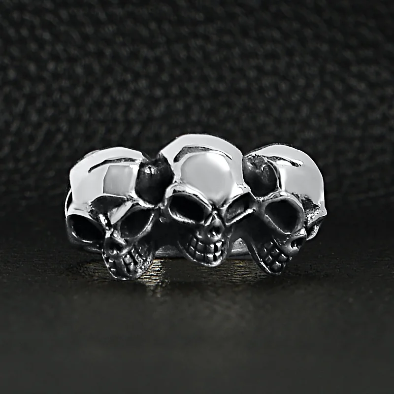 Sterling Silver Triple Black Eyed Skulls Ring / SSR0009