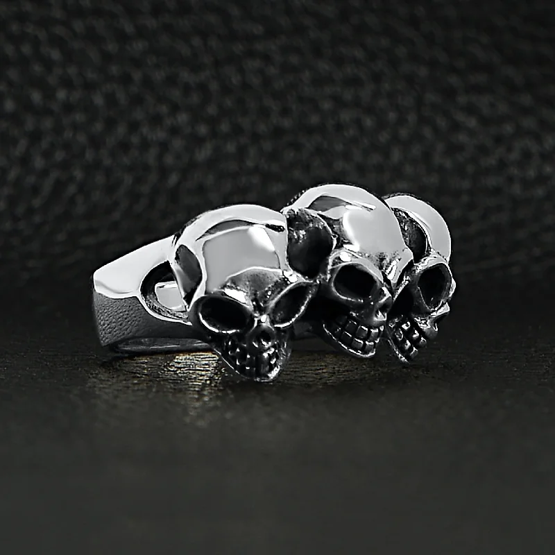 Sterling Silver Triple Black Eyed Skulls Ring / SSR0009