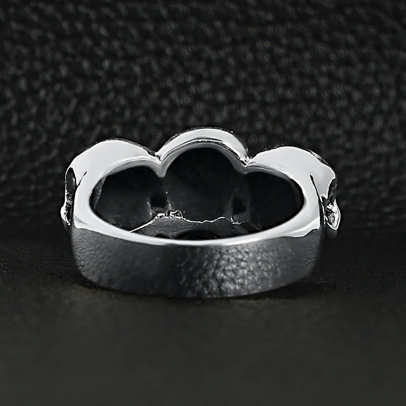 Sterling Silver Triple Black Eyed Skulls Ring / SSR0009